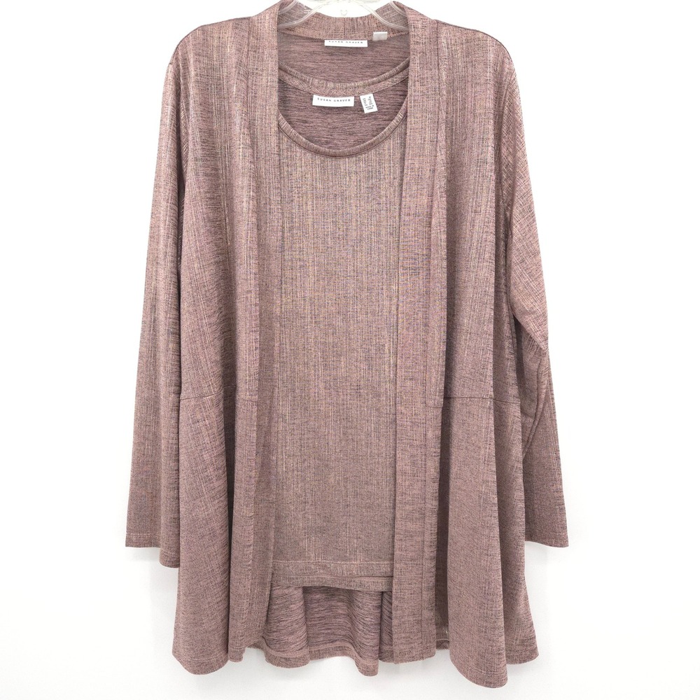 Susan Graver Cardigan Tank Set Womens 1X Mauve Pink Metallic Shimmer 2 Piece